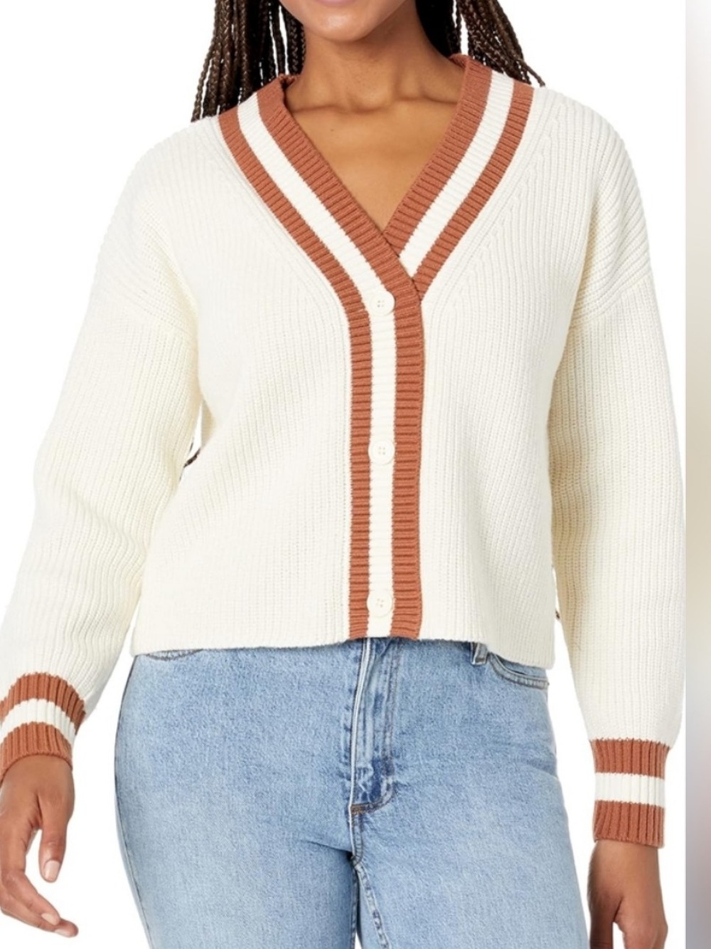 Steve Madden Cream Cardigan with Rust-Trim V-Neck